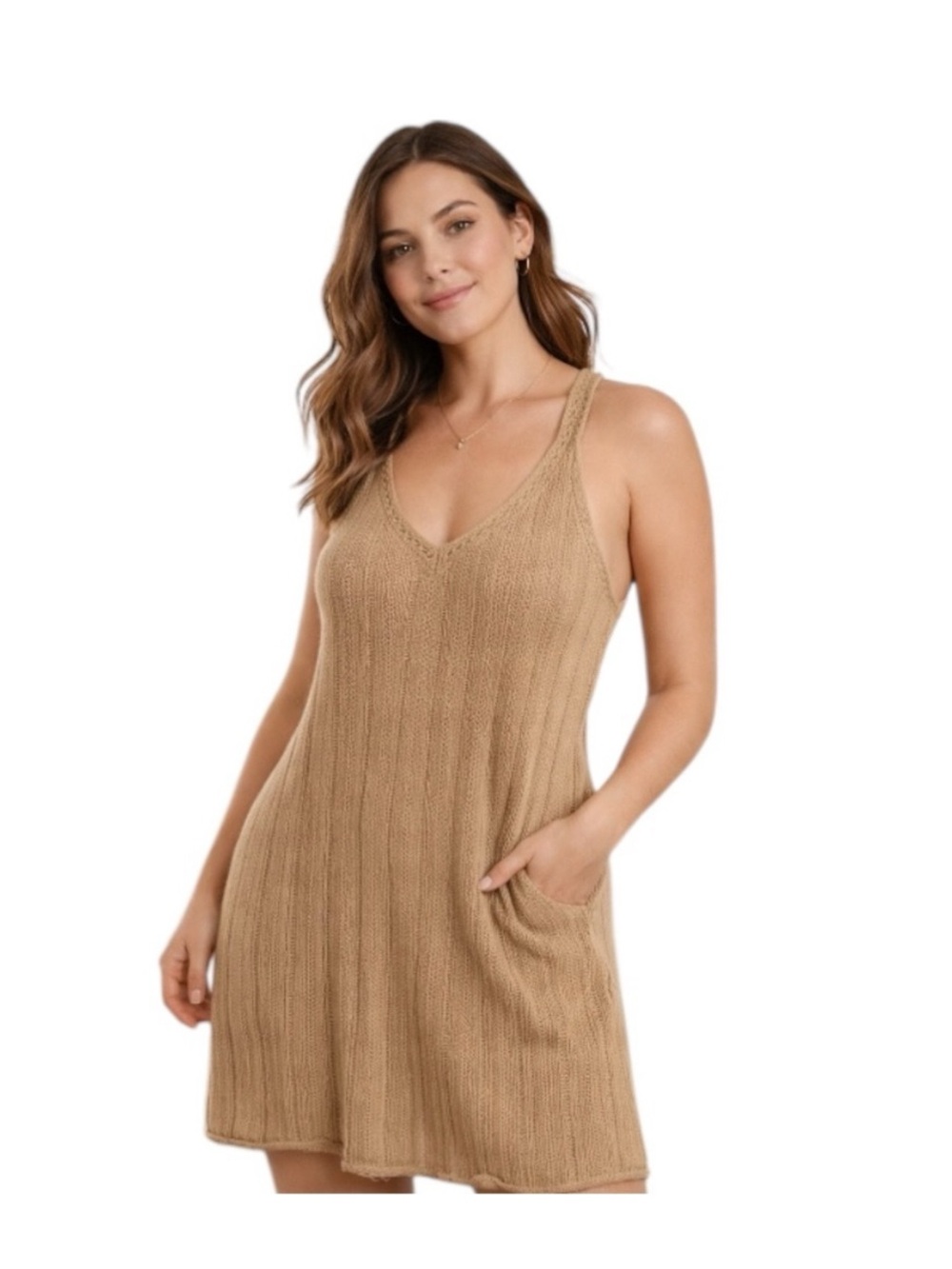 American Eagle Outfitters Knit Lace-Up Tank Dress in Camel
